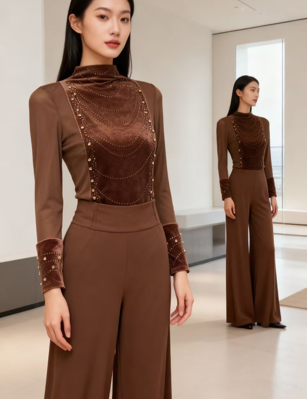 Half high collar tops rhinestone bottoming shirt for women