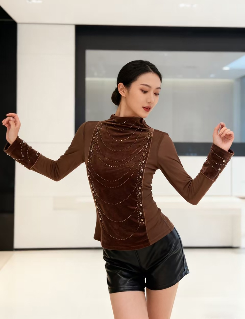 Half high collar tops rhinestone bottoming shirt for women