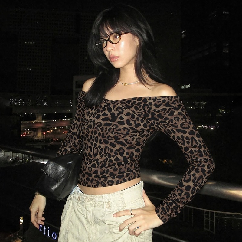 Fashion printing leopard autumn slim tops for women