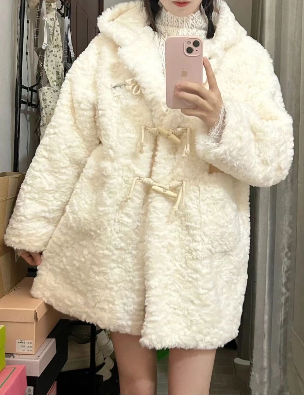Plush hooded tops winter coat for women