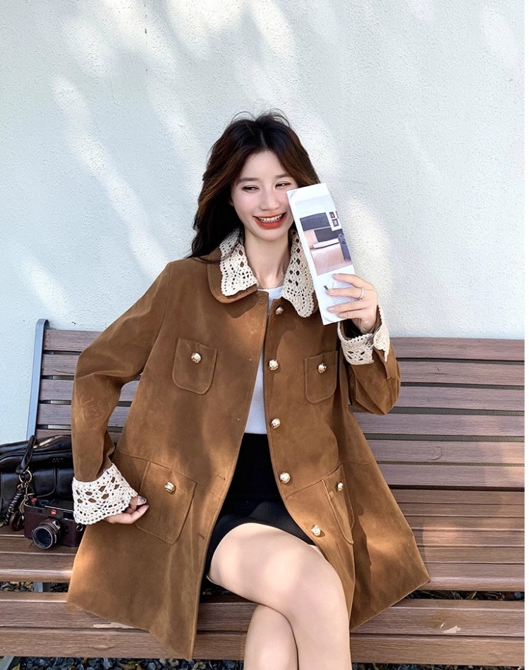 Lapel suede velvet work clothing long retro coat