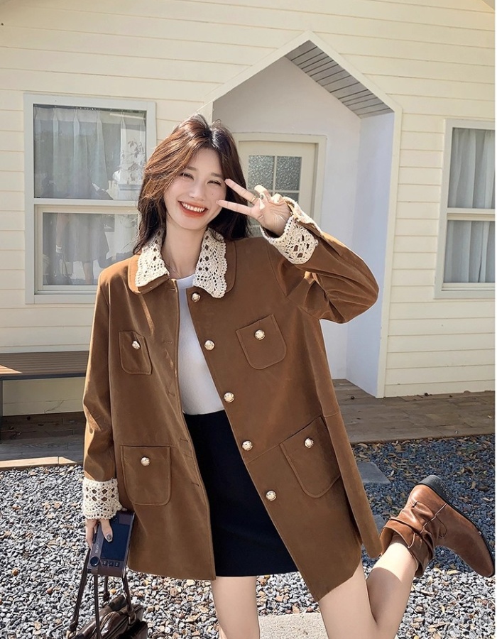 Lapel suede velvet work clothing long retro coat