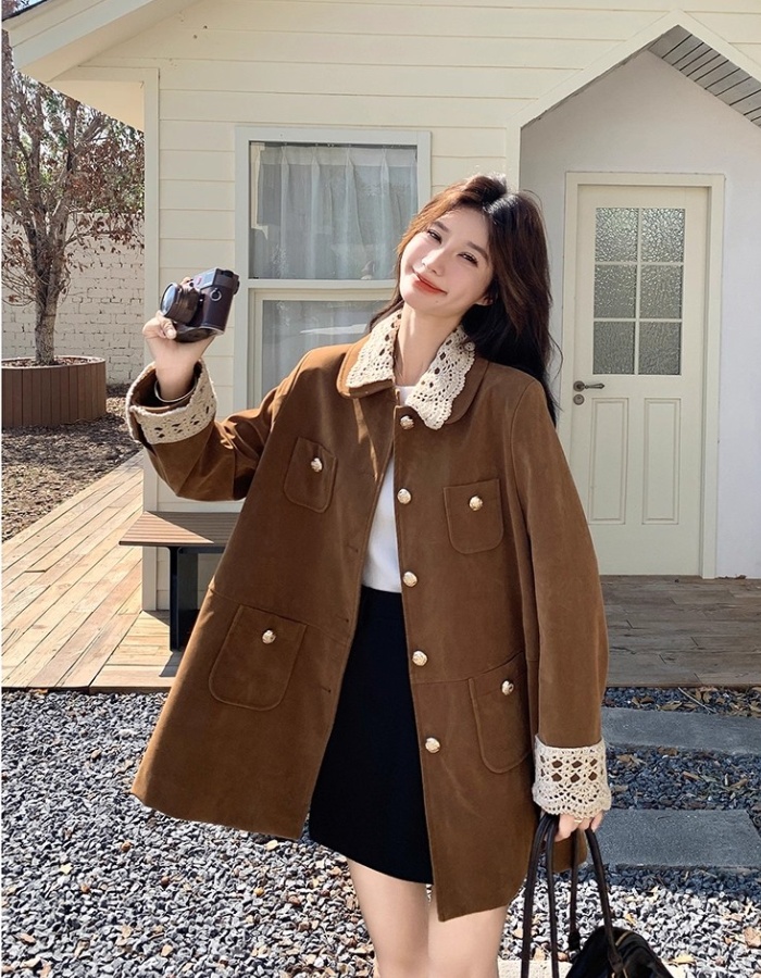 Lapel suede velvet work clothing long retro coat