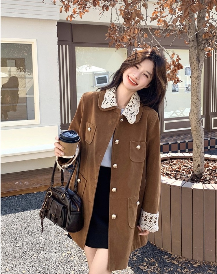 Lapel suede velvet work clothing long retro coat