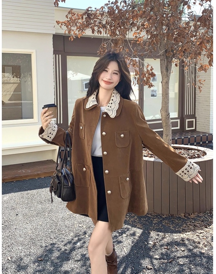 Lapel suede velvet work clothing long retro coat