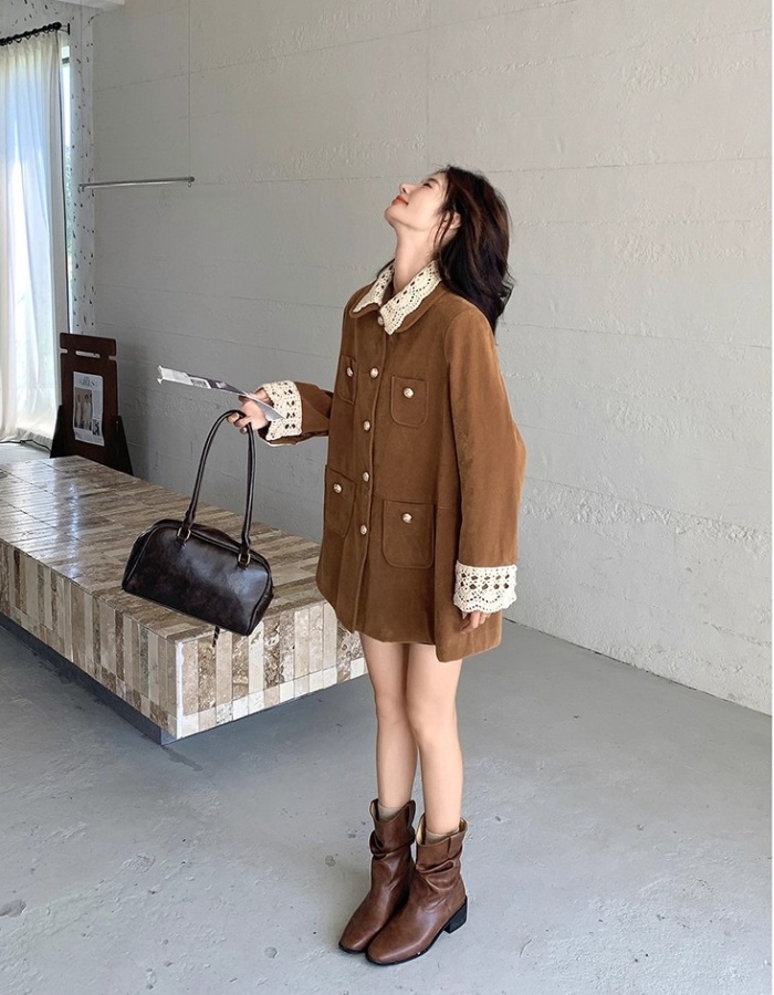 Lapel suede velvet work clothing long retro coat