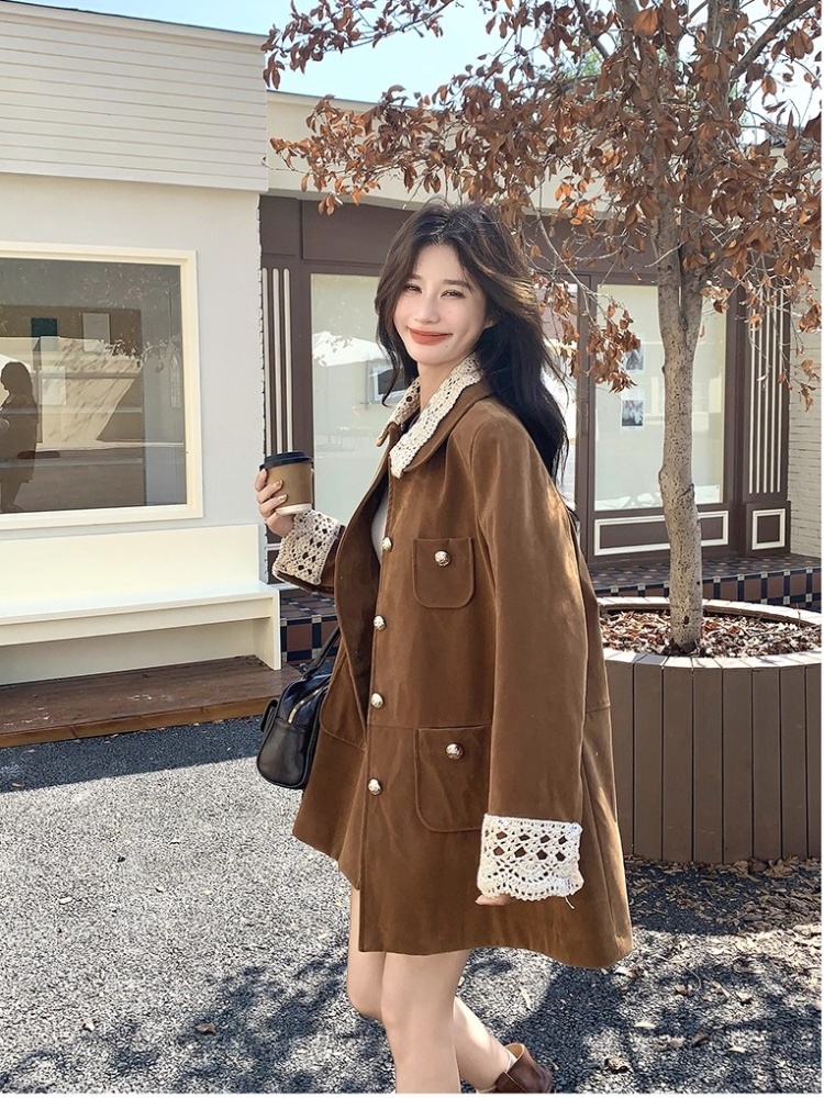 Lapel suede velvet work clothing long retro coat