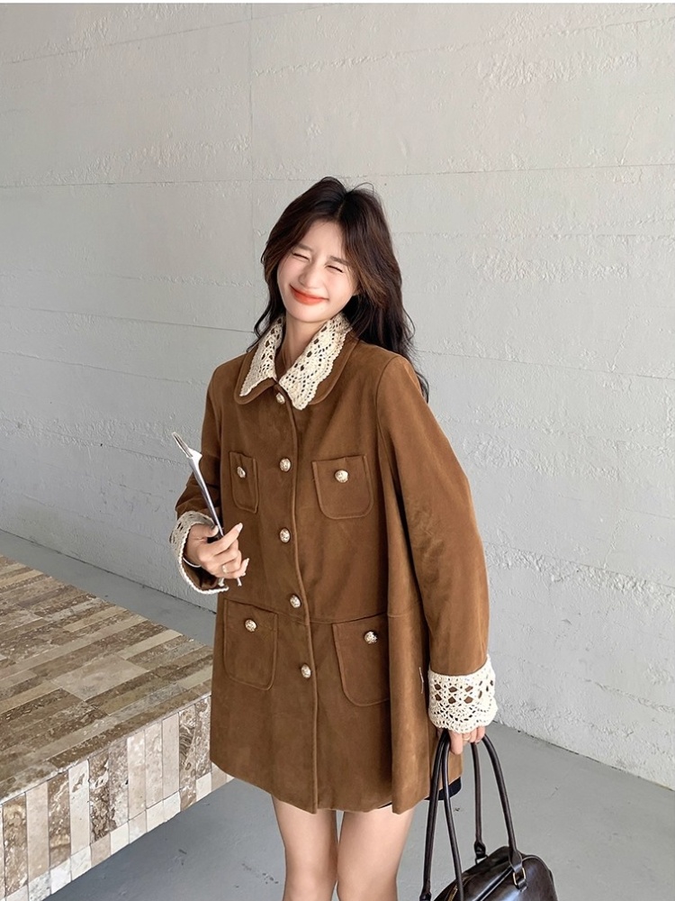 Lapel suede velvet work clothing long retro coat