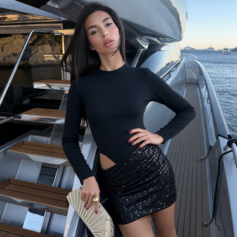 Long sleeve side hollow fashion splice dress for women