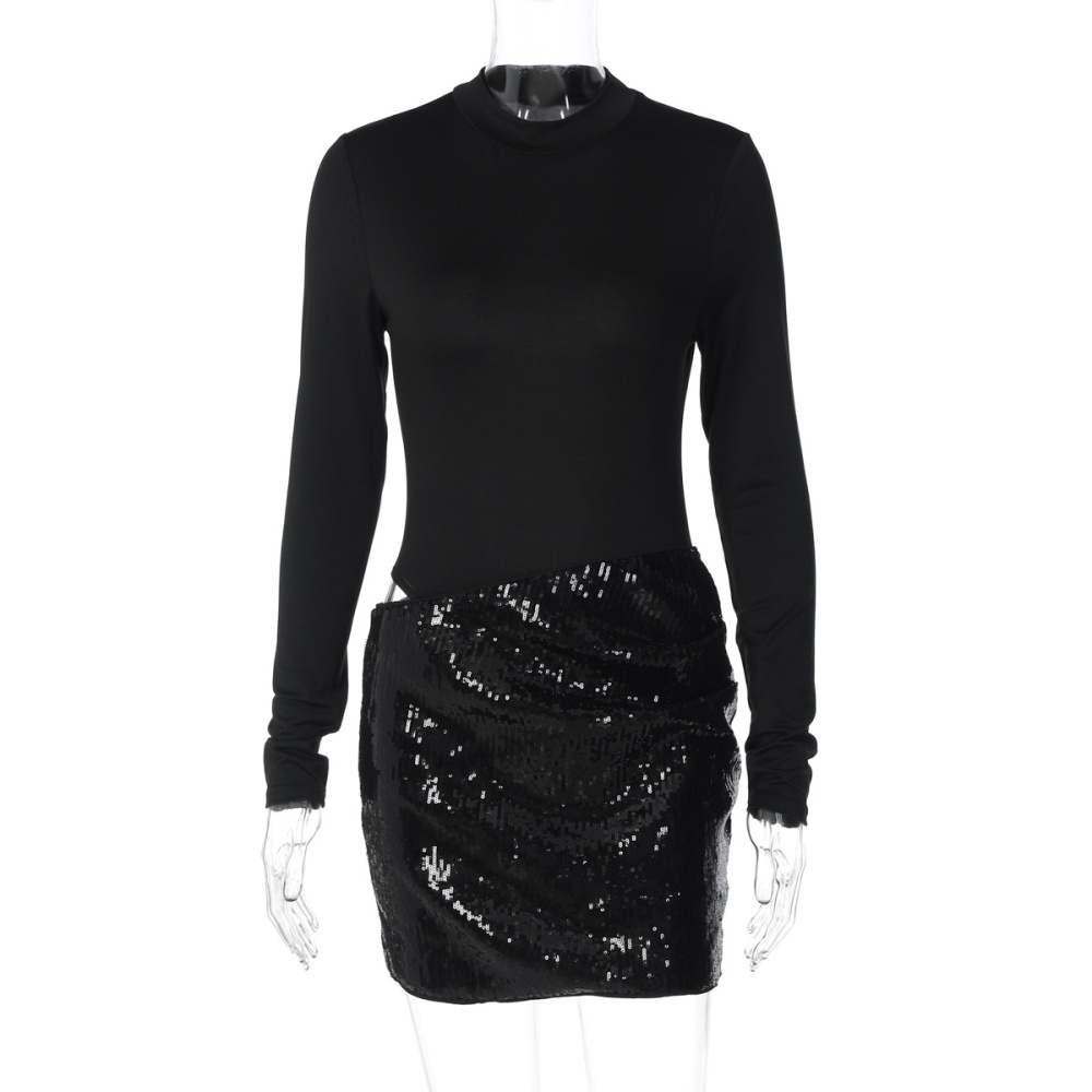Long sleeve side hollow fashion splice dress for women