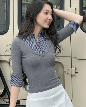 Autumn plaid T-shirt slim European style tops for women