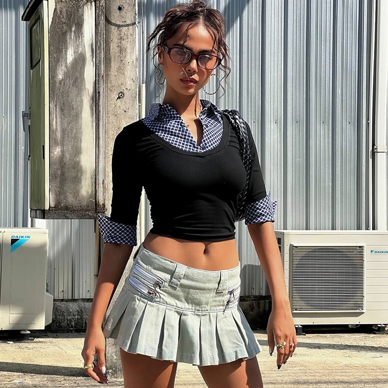 Autumn plaid T-shirt slim European style tops for women