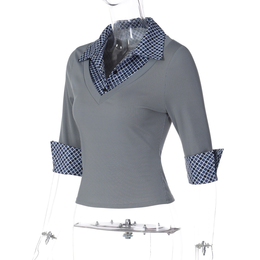 Autumn plaid T-shirt slim European style tops for women