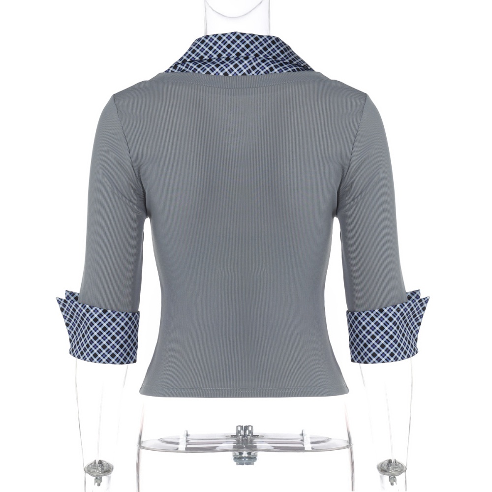 Autumn plaid T-shirt slim European style tops for women