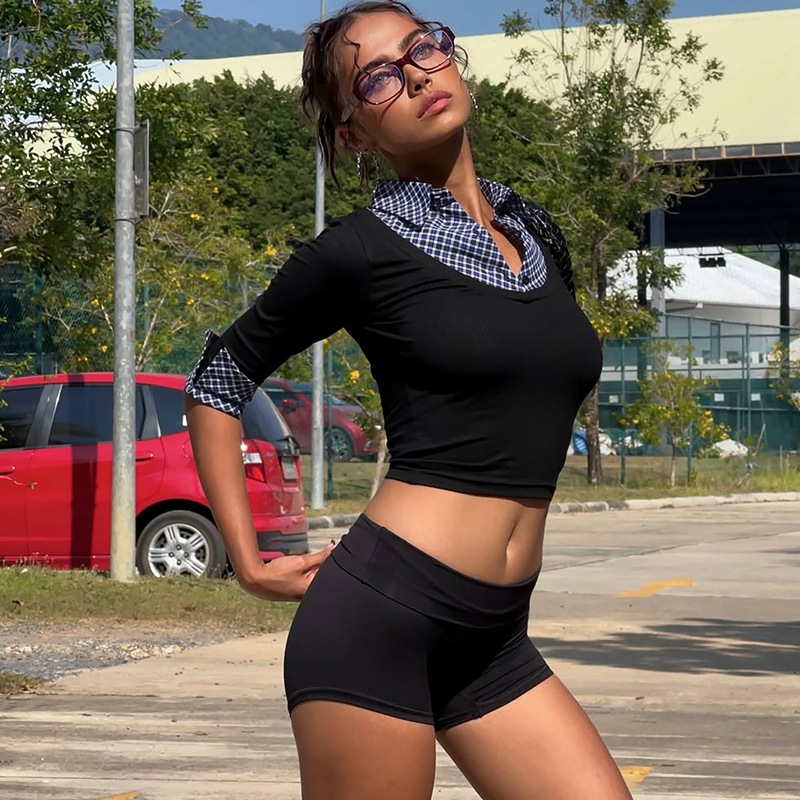 Autumn plaid T-shirt slim European style tops for women