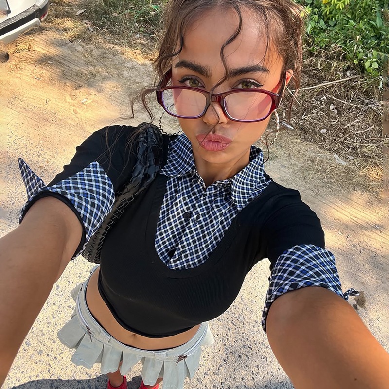 Autumn plaid T-shirt slim European style tops for women