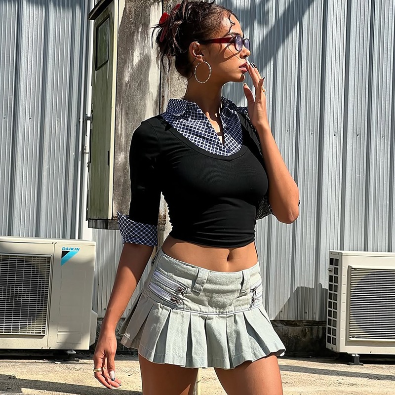 Autumn plaid T-shirt slim European style tops for women