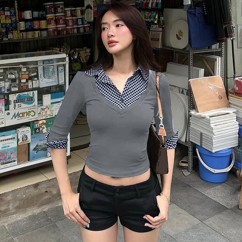 Autumn plaid T-shirt slim European style tops for women