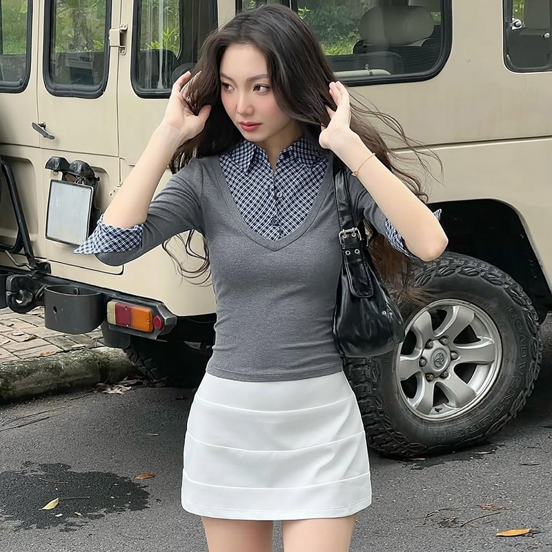 Autumn plaid T-shirt slim European style tops for women