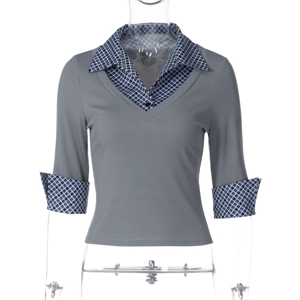 Autumn plaid T-shirt slim European style tops for women