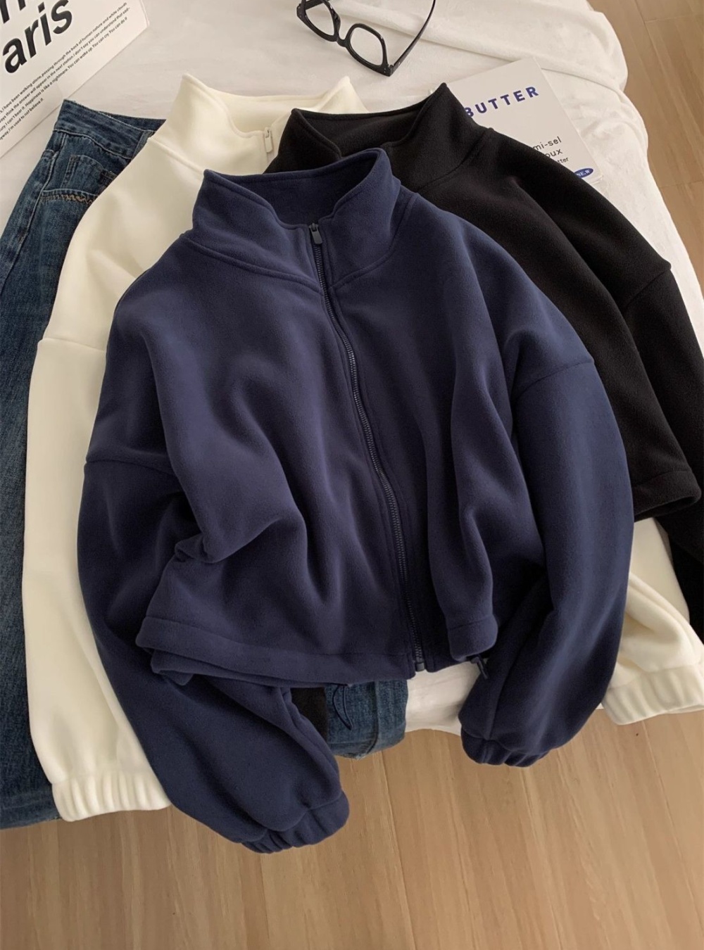 Cstand collar cardigan short hoodie for women