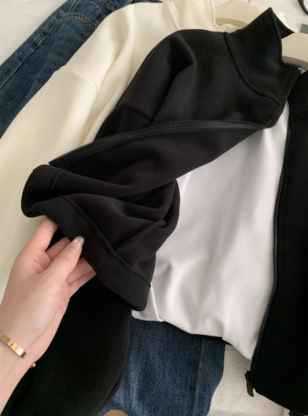 Cstand collar cardigan short hoodie for women