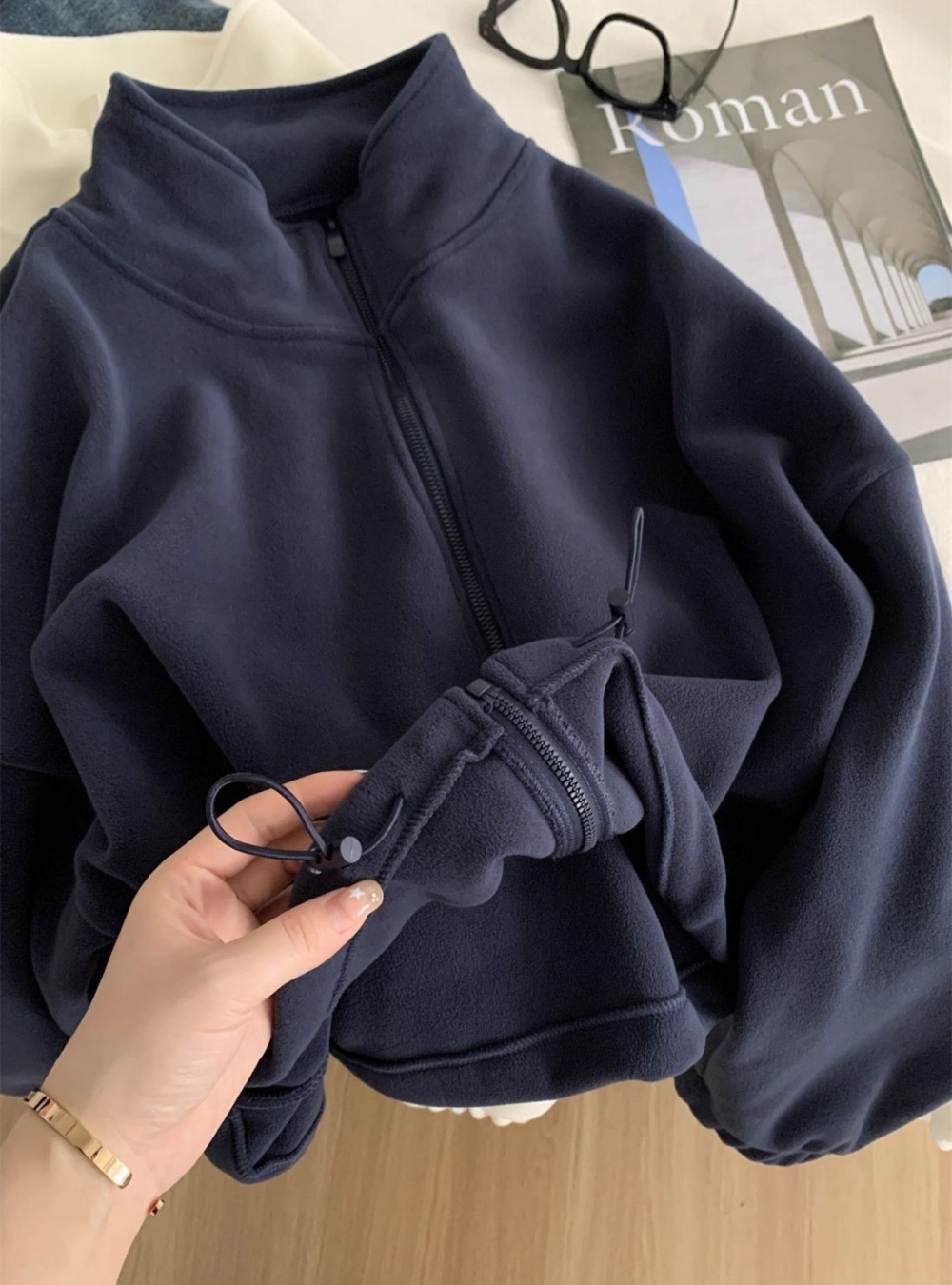 Cstand collar cardigan short hoodie for women