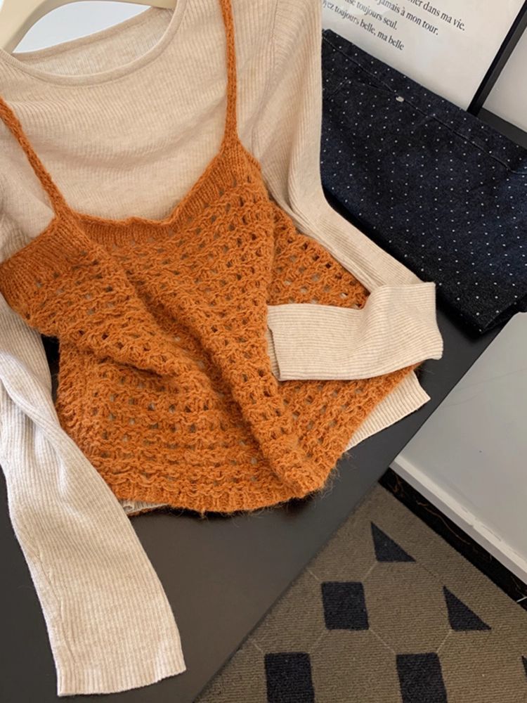 Long sleeve sweater orange tops 2pcs set for women