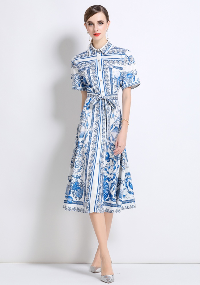 European style slim dress with belt short sleeve cardigan