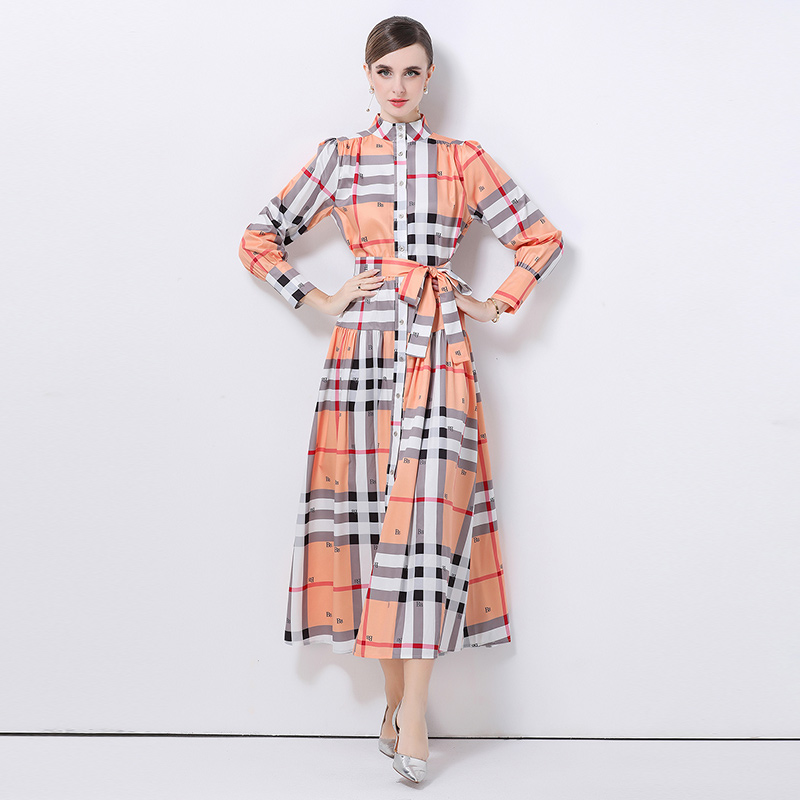 Cstand collar court style printing dress