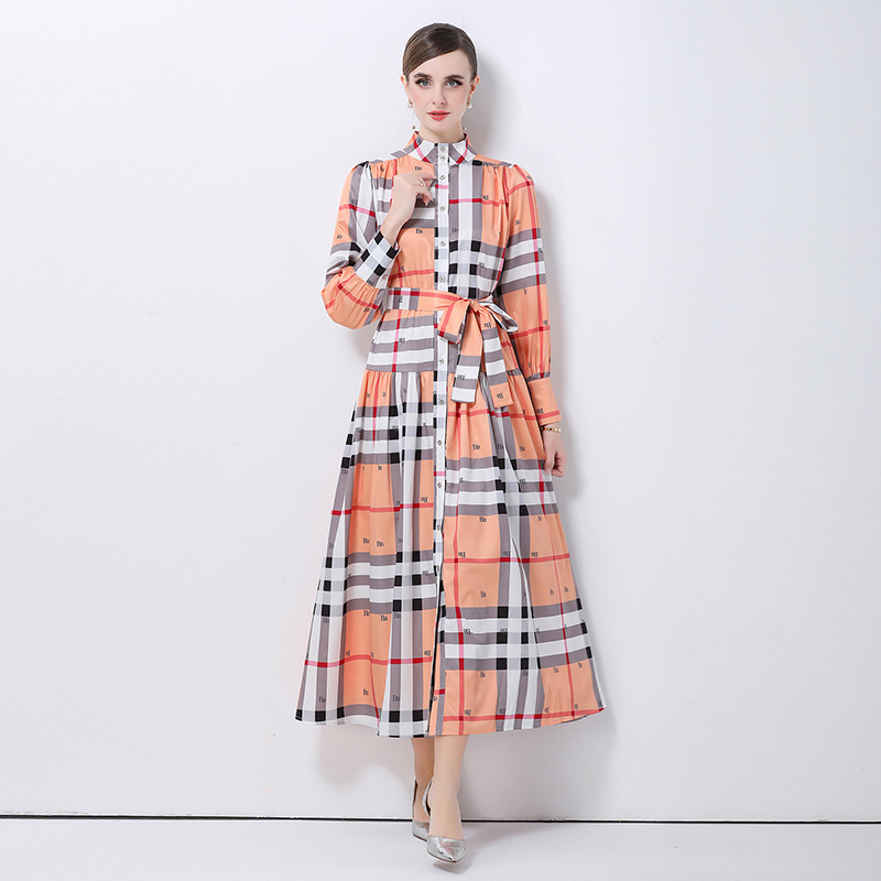 Cstand collar court style printing dress