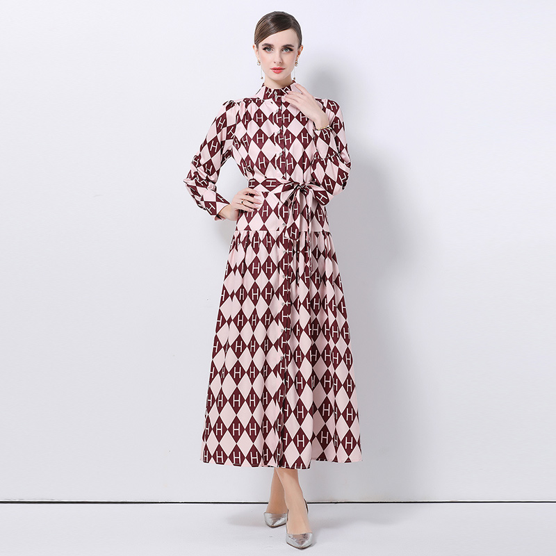 Fashion court style single-breasted cstand collar printing dress