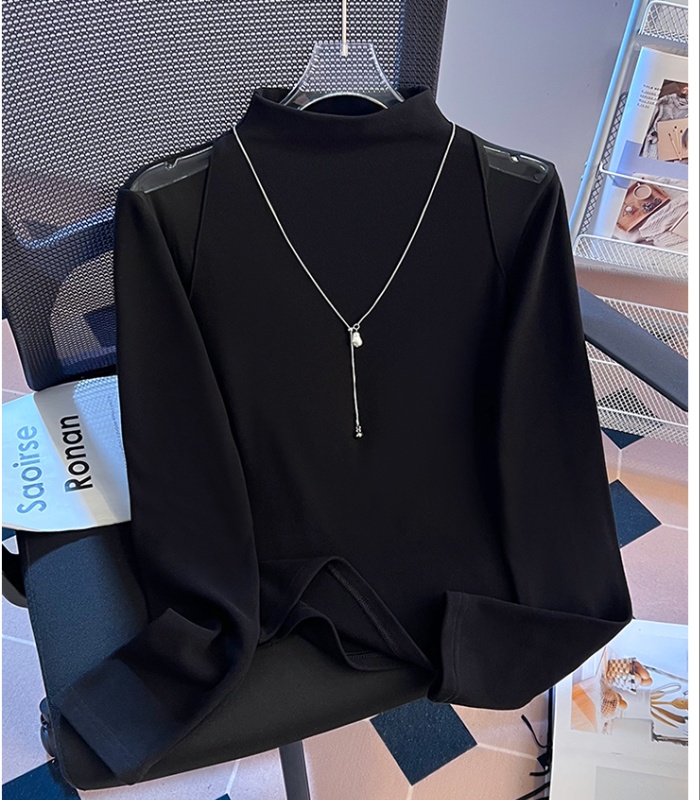 Gauze splice half high collar tops all-match winter T-shirt