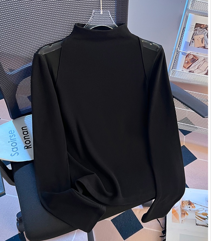 Gauze splice half high collar tops all-match winter T-shirt
