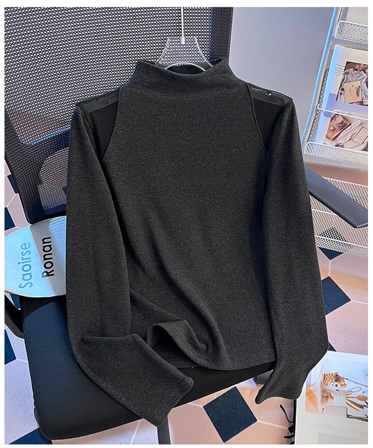 Gauze splice half high collar tops all-match winter T-shirt