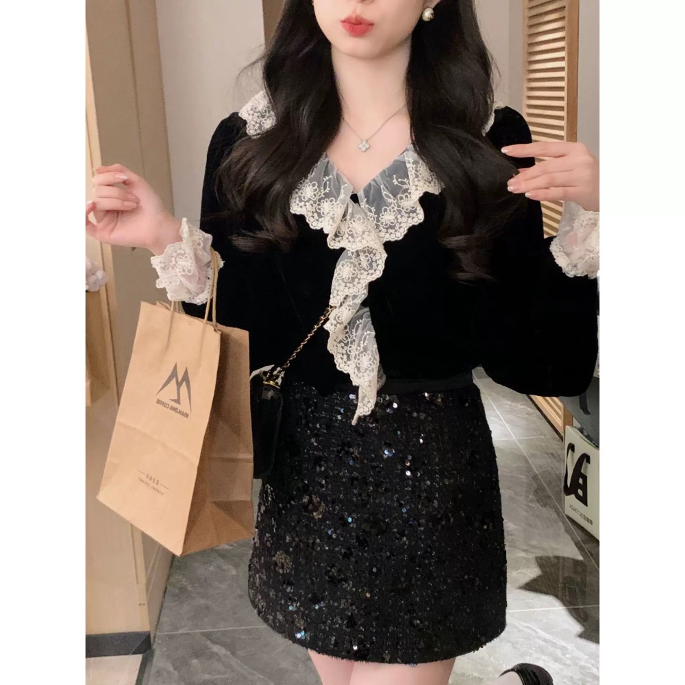 V-neck lace velvet temperament sweet tops