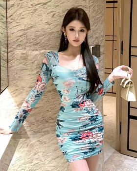 Lace autumn pinched waist slim printing bottoming dress