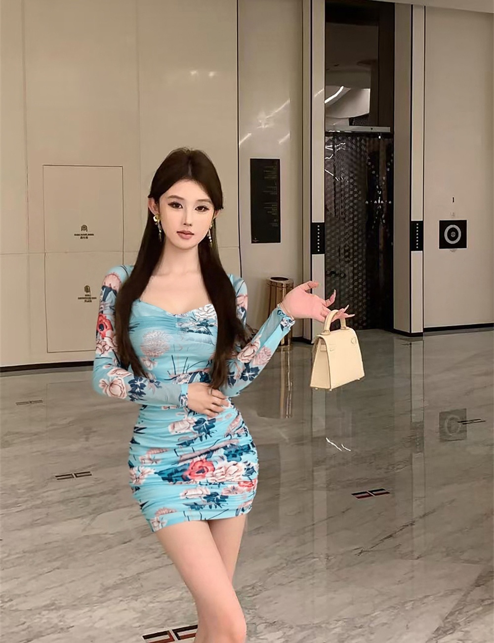 Lace autumn pinched waist slim printing bottoming dress