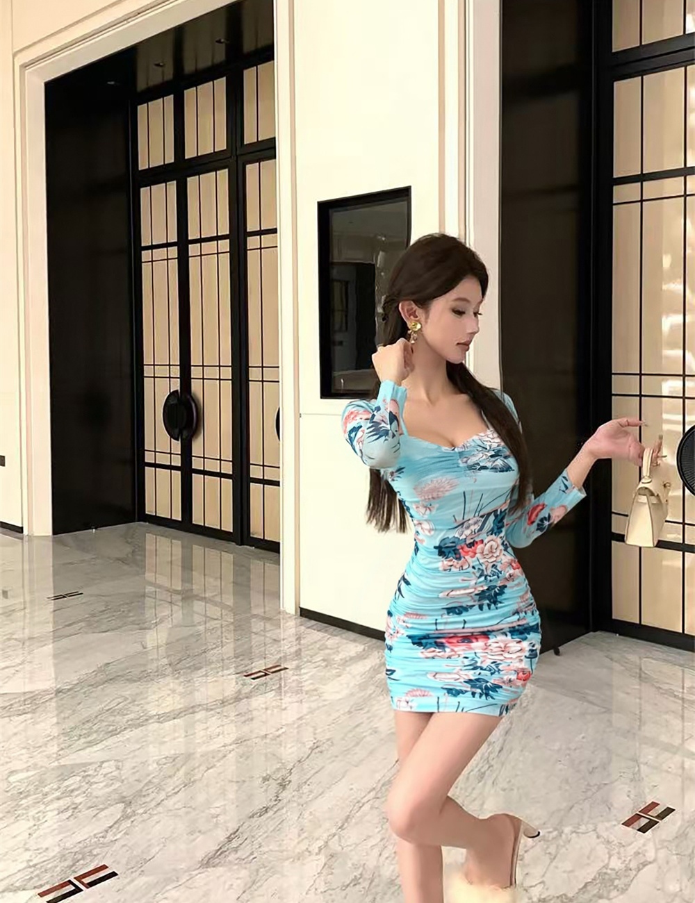 Lace autumn pinched waist slim printing bottoming dress