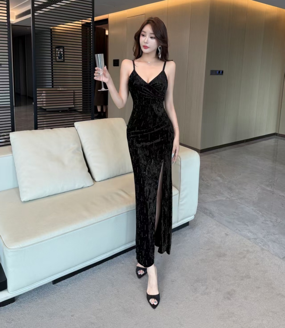 Sexy slit ladies dress low-cut annual meeting sling formal dress