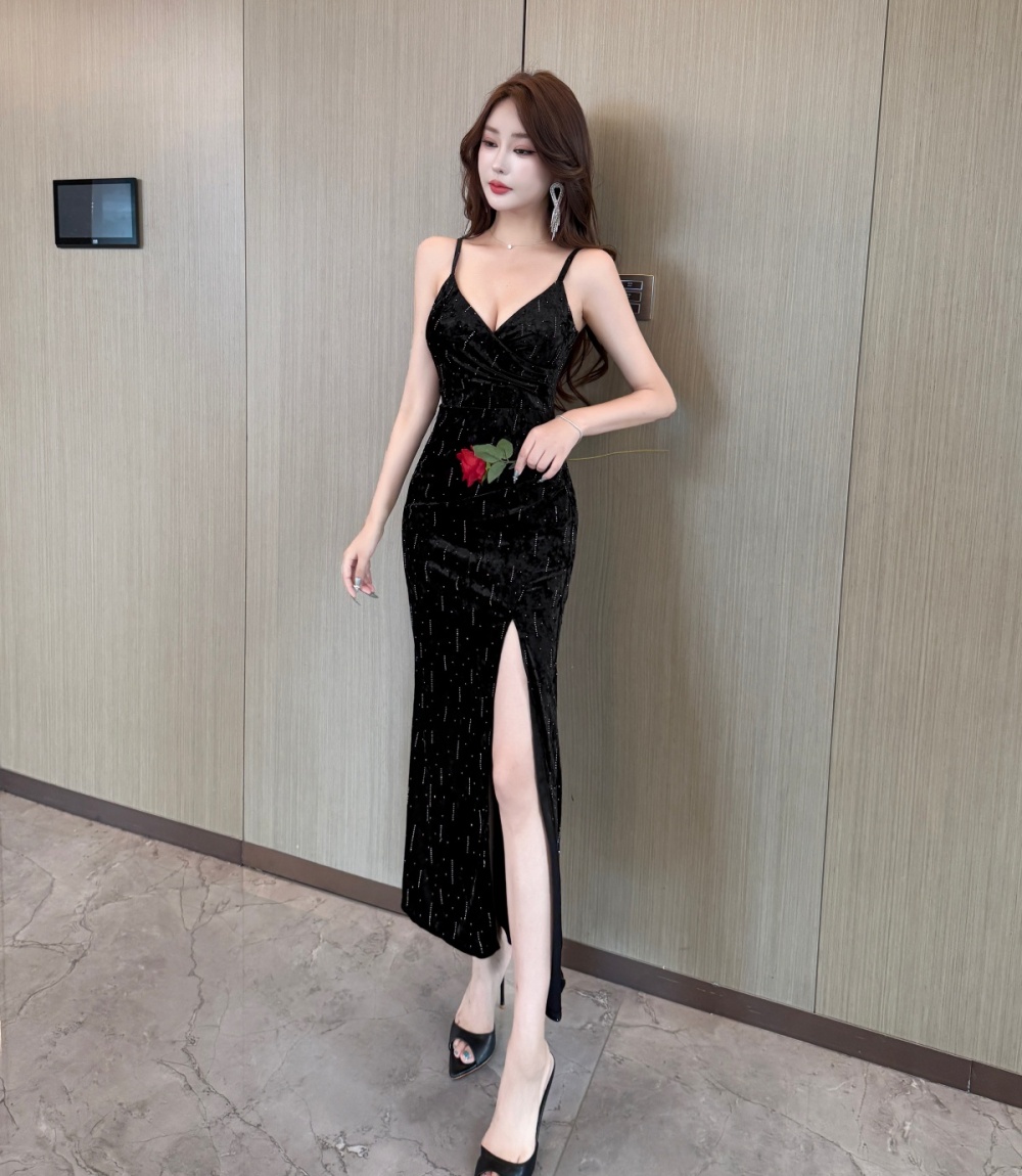 Sexy slit ladies dress low-cut annual meeting sling formal dress