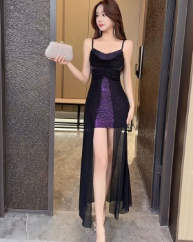 Splice sexy slim sling irregular mixed colors dress