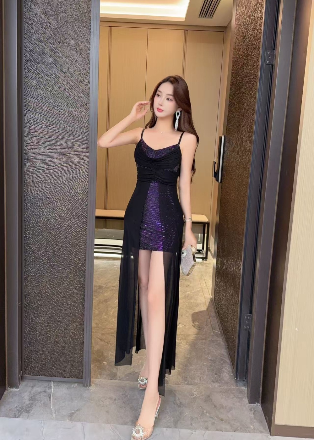 Splice sexy slim sling irregular mixed colors dress