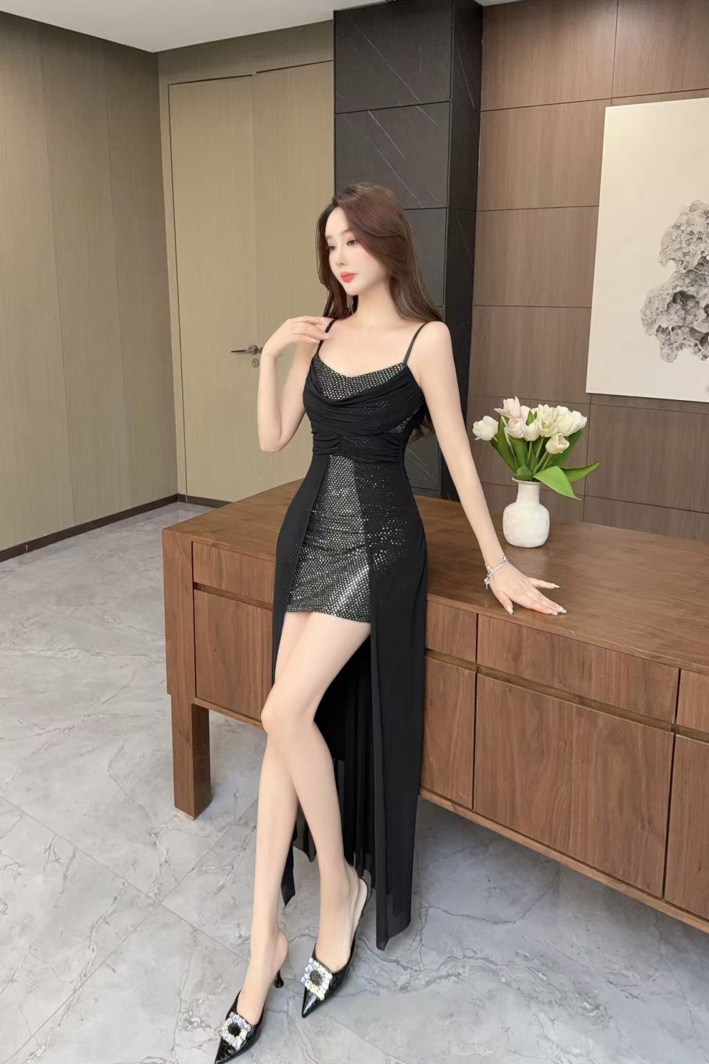 Splice sexy slim sling irregular mixed colors dress