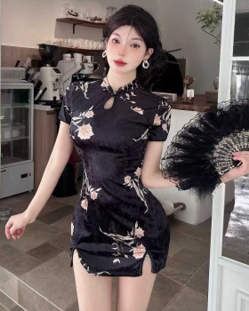 Short printing dress golden velvet elasticity cheongsam
