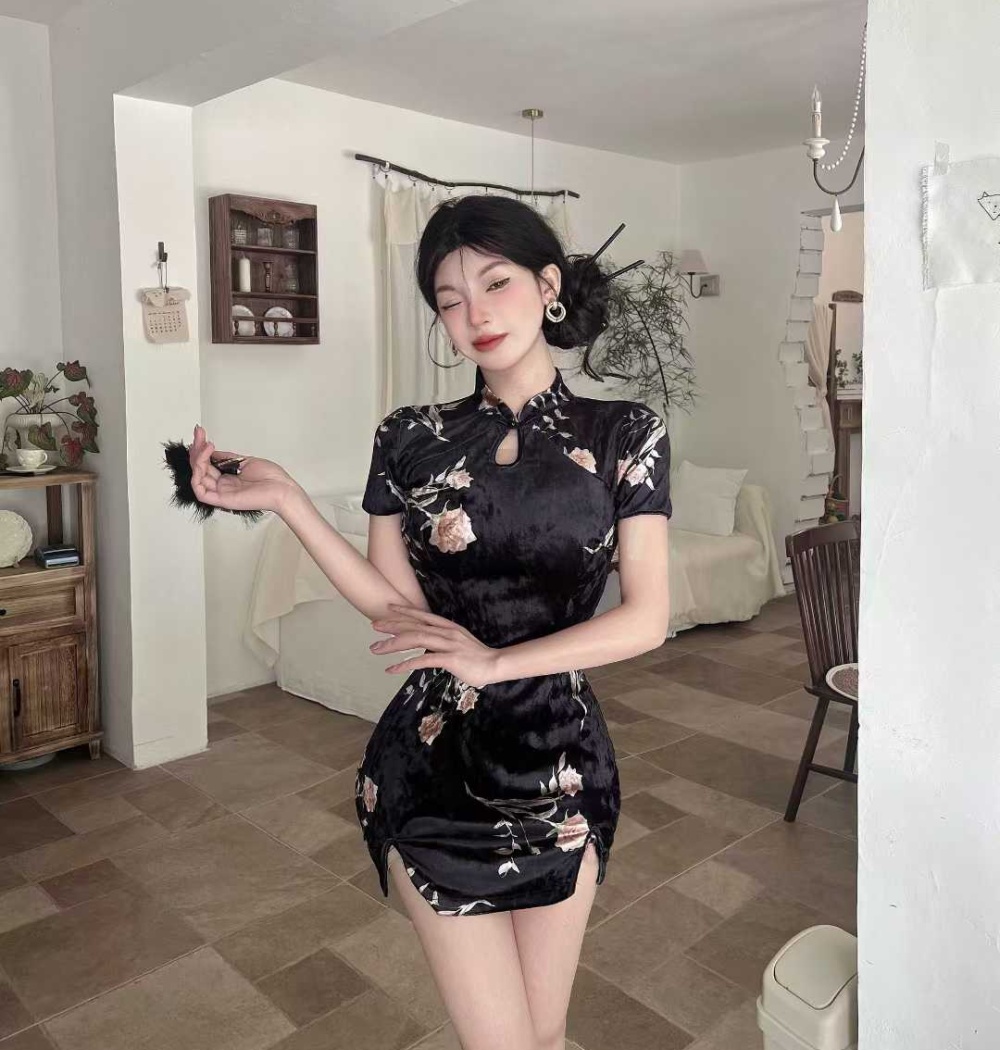 Short printing dress golden velvet elasticity cheongsam