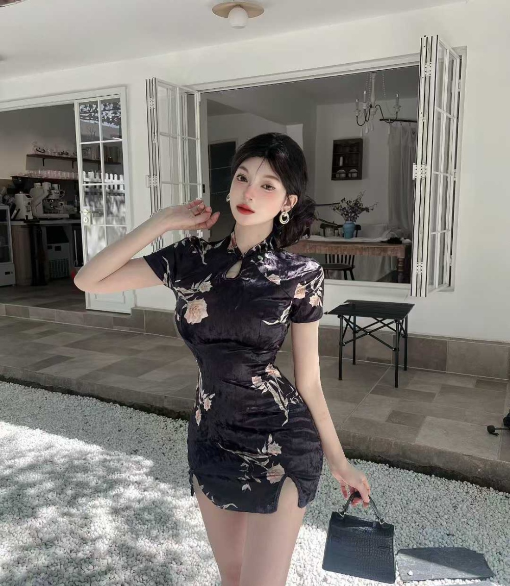 Short printing dress golden velvet elasticity cheongsam