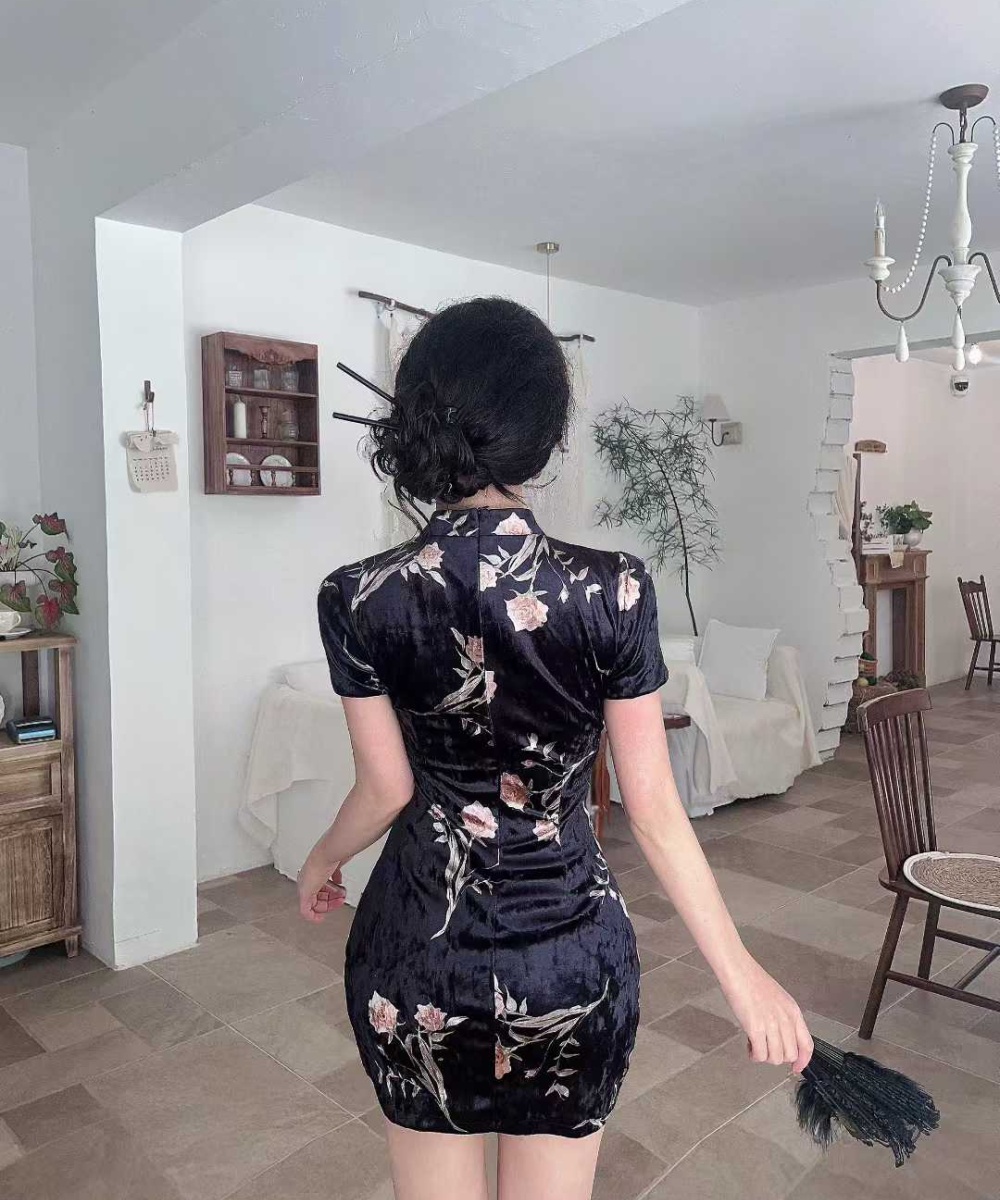Short printing dress golden velvet elasticity cheongsam