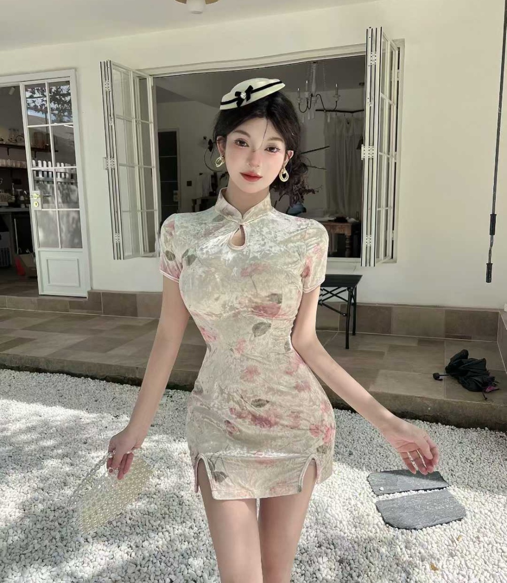 Short printing dress golden velvet elasticity cheongsam