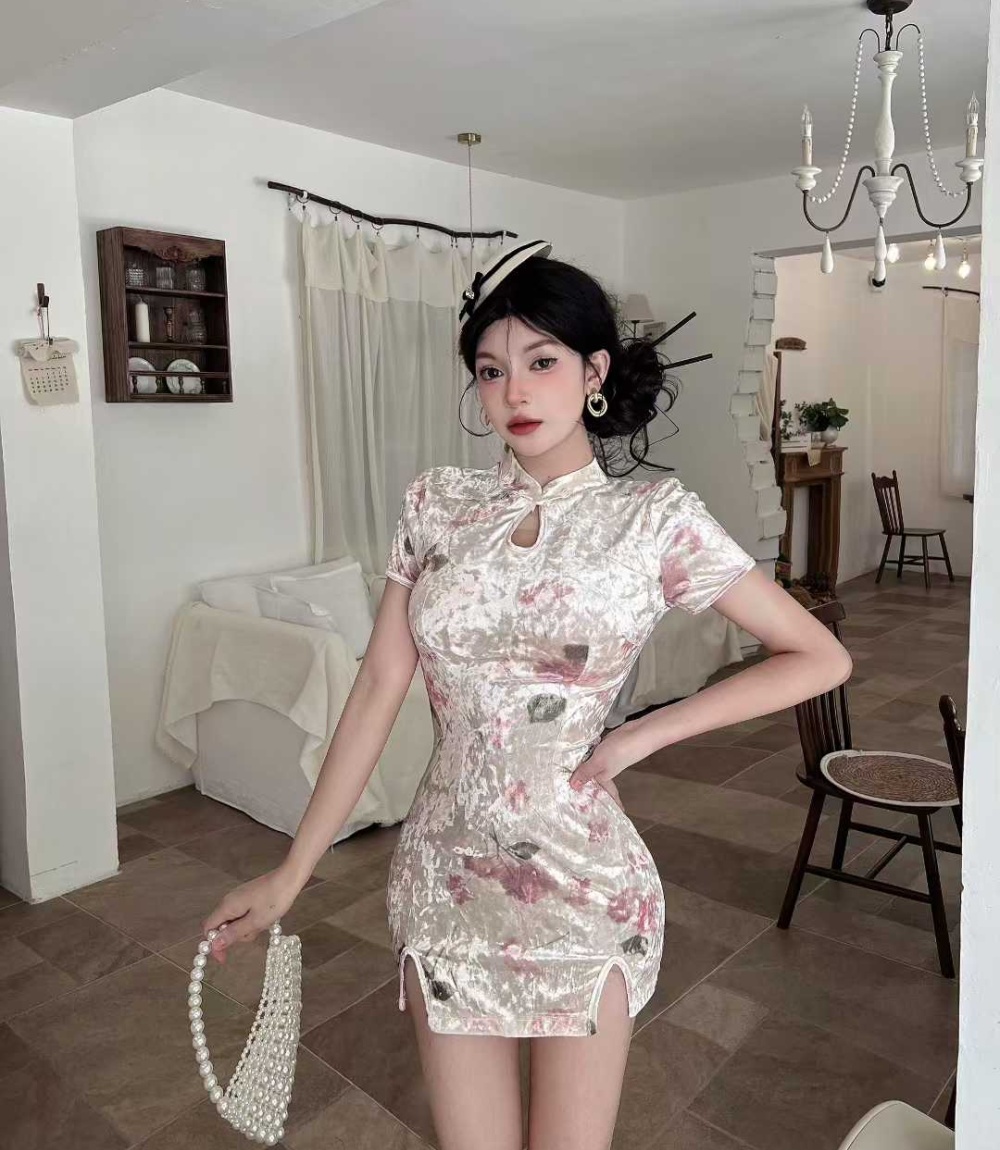 Short printing dress golden velvet elasticity cheongsam